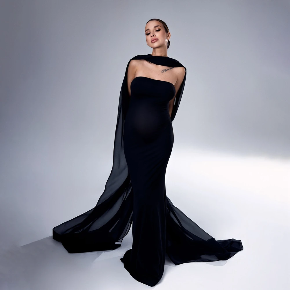 Black Shawl Maternity Photography Dresses Tube Top Pregnancy Photoshoot Gown Chiffon Veil Pregnancy Studio Posing Clothing view 2