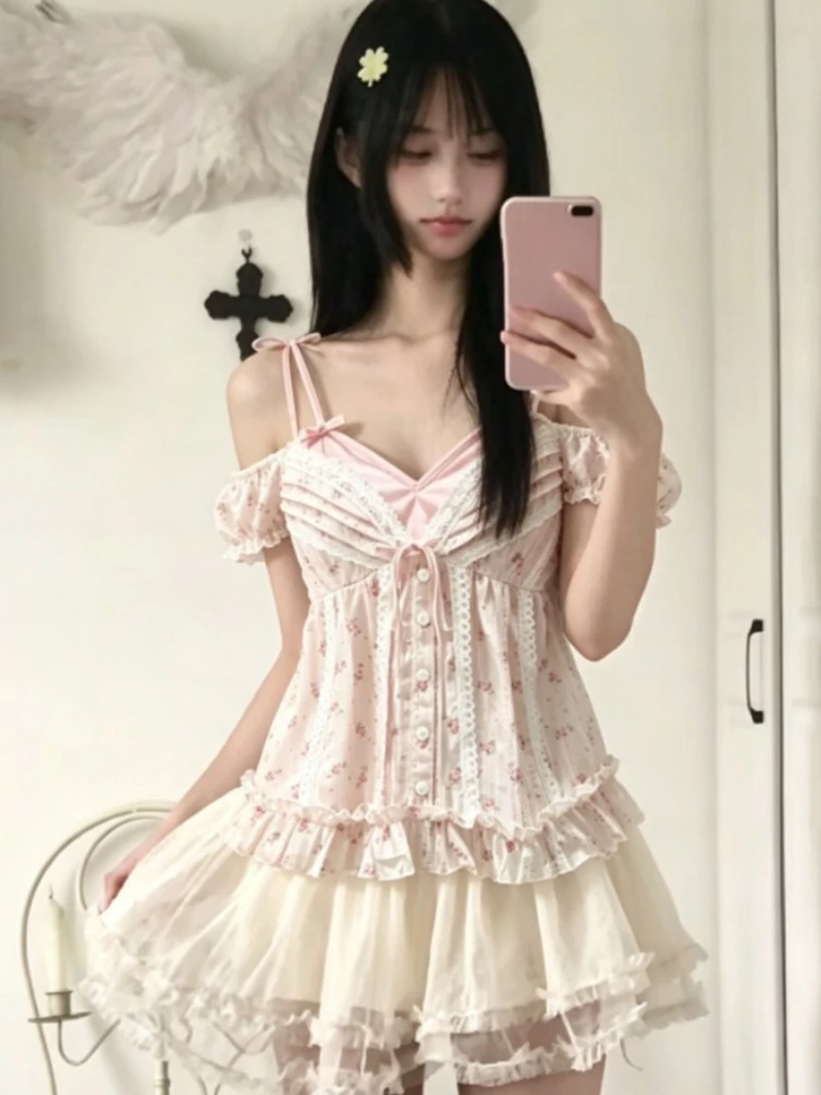 Y2K Harajuku Fake Two T-Shirt für Damen Japanischer Süßer Stil Weste Koreanische Mode Mädchen Sommer Tägliches Casual Top Schicke Kleidung