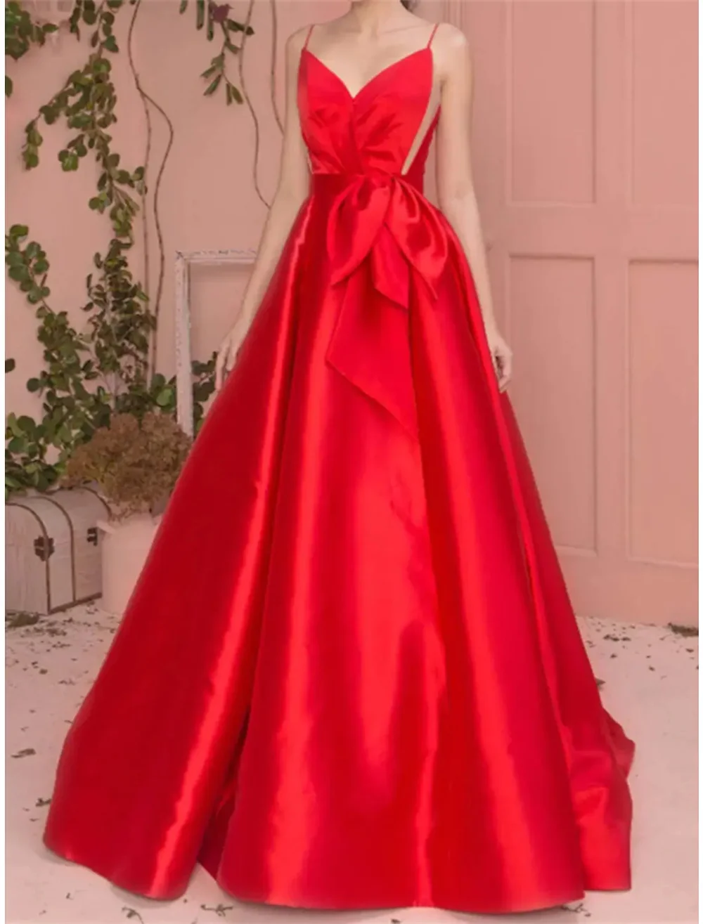 

A-Line Celebrity Style Elegant Princess Engagement Formal Evening Dress V Neck Sleeveless Court Train Satin with Bow(s) Pure