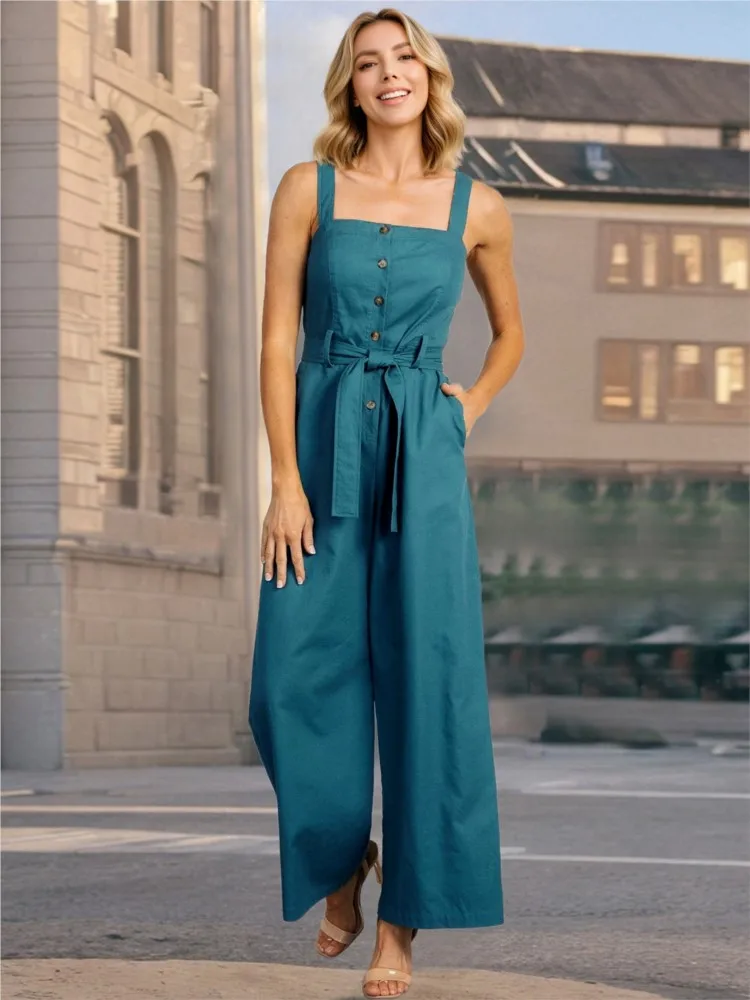 Elegant Plus Size Women's Jumpsuit Loose Sleeveless High Waist Belted Bib Overalls Wide Leg Casual Office Daily Romper Summer