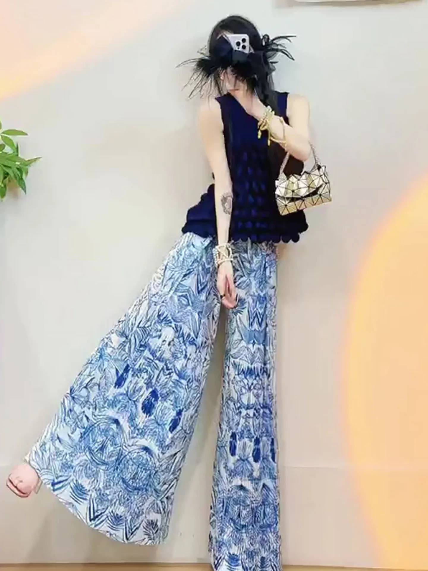 

Black Pure Color Fashion Set Summer Wide Leg Pants Folded Head over Body Top Set Three Houses Elegant Women's Clothing