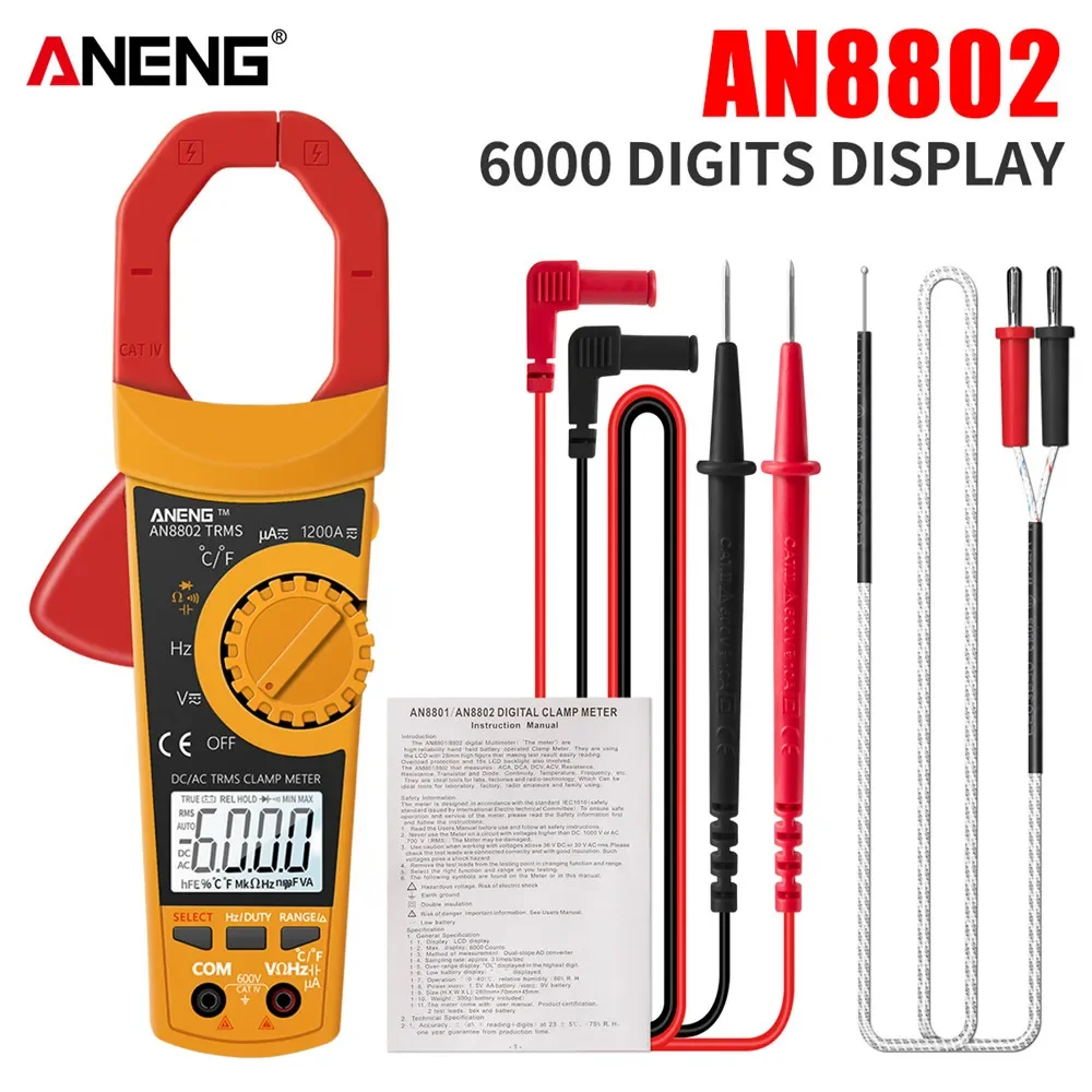 ANENG AN8802 Smart Hand-held Battery-operated Clamp Multimetro Tester True RMS HD Backlit Screen Clamp Meters Electrician Tools