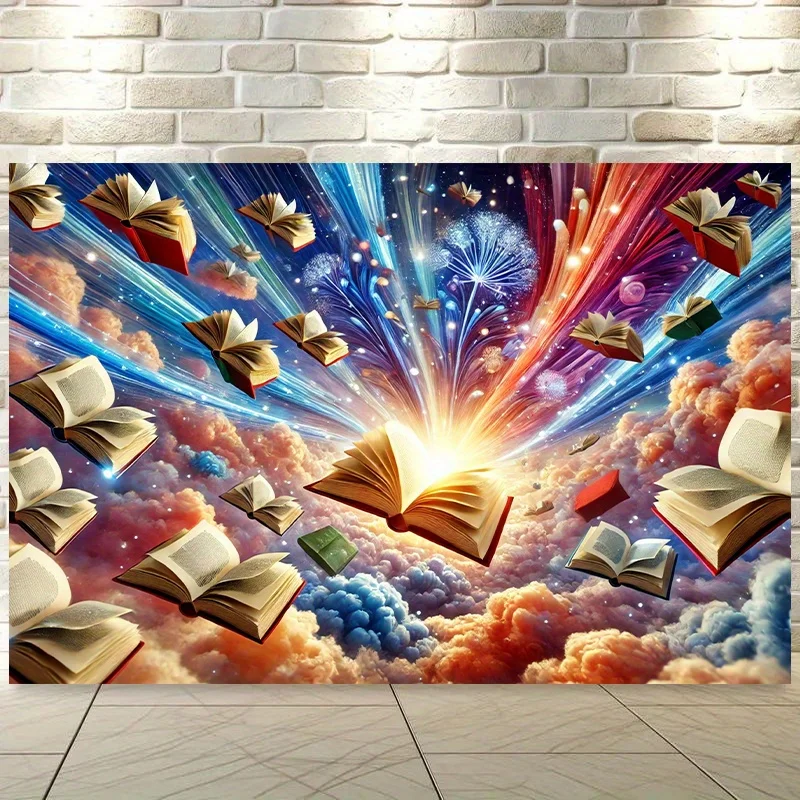 Un seul banner de fond 2D. Les livres qui volent dans les nuages symbolisent le pouvoir de la connaissance. yzb