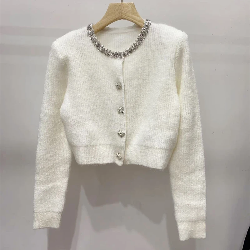 2025 Spring Diamonds Round Collor Sweet Women Knitted Cardigan Coat Full Sleeve Tops