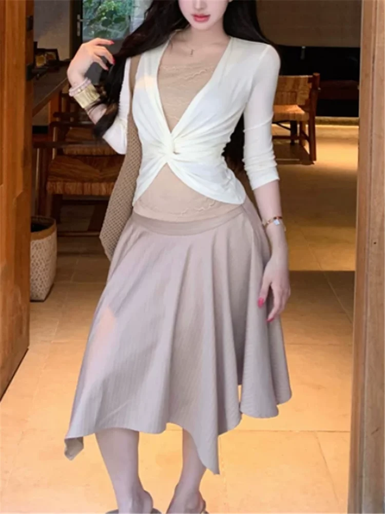 Elegant Women 2 Pieces Dress Sets Color-blocked Lace Patchwork Long-sleeved T-shirt Top&High Waist A Line Irregular Skirt Suits