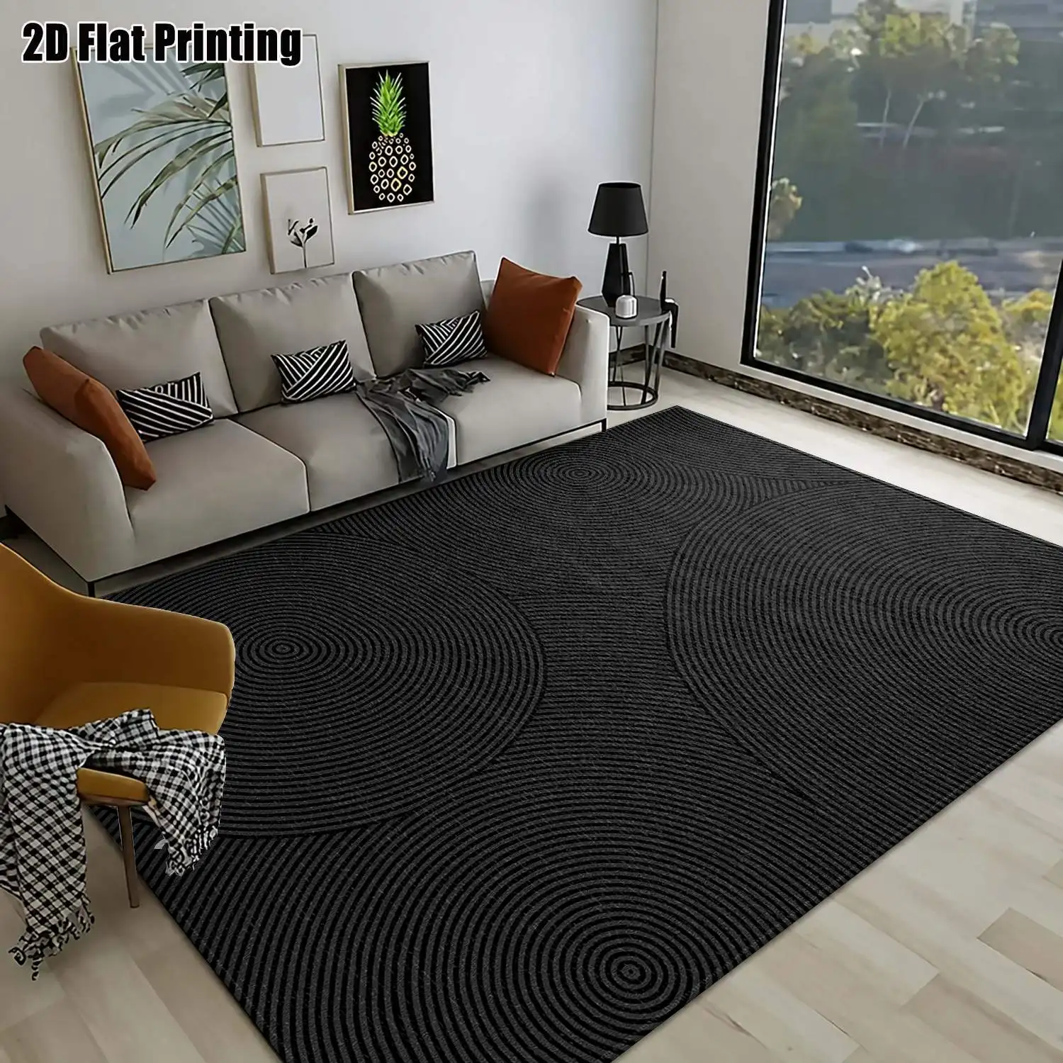 1Pc 2D Printed Carpet: Black Geometric Spiral Pattern, Modern Minimalist Nordic Style, Machine Washable, Multi-Size, Suitable for Home Decor, Door Mats, Dining/Living/Bedroom Floors