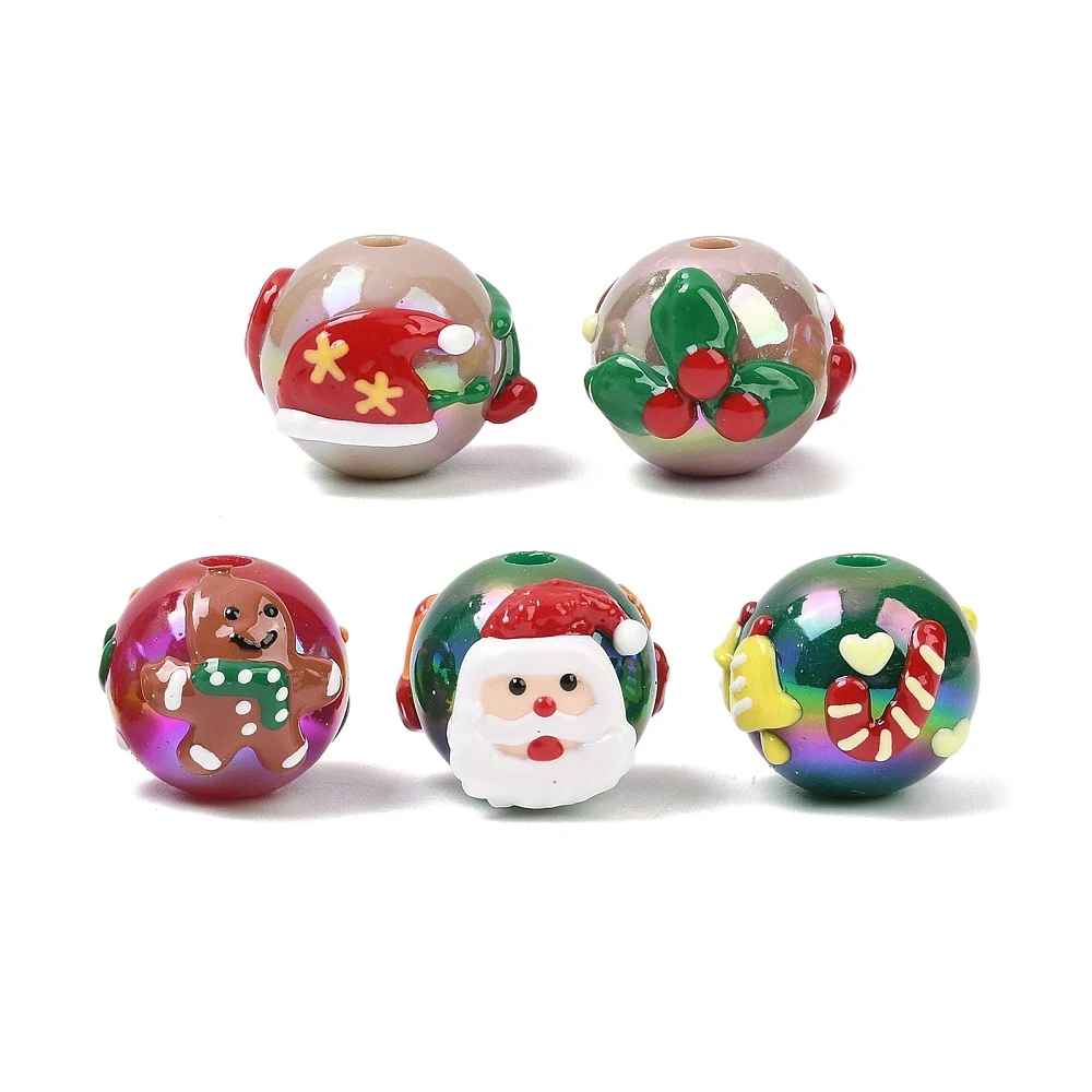 PandaHall 100pcs Christmas UV Coated Acrylic Beads, Iridescent Opaque Round with Holly Leaf, Festive Jewelry Making