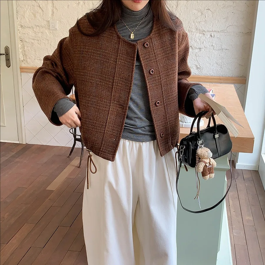 

Женское зимнее пальто 2024, повседневное клетчатое пальто с круглым вырезом и шнурком, с длинным рукавом, в стиле ретро, Новое поступление