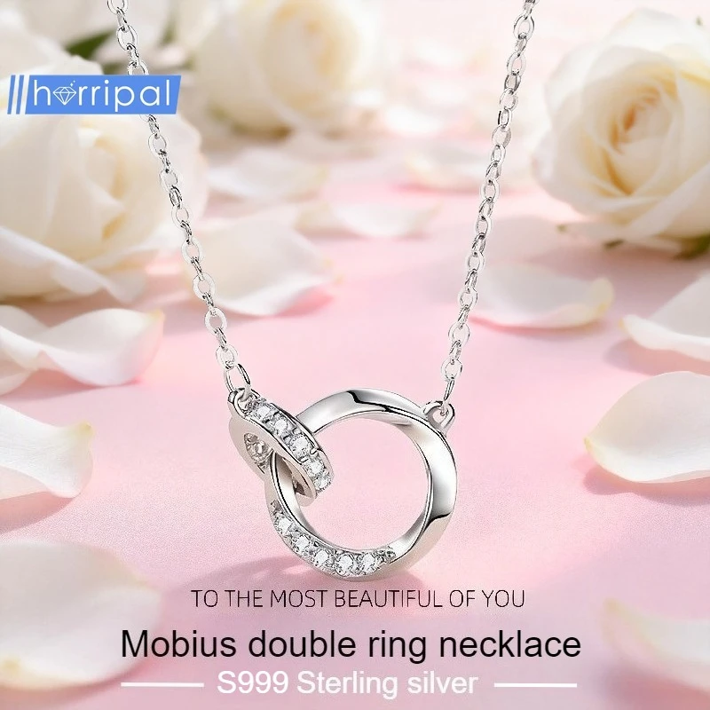 

S999 Mobius Double Ring Necklace Light Luxury and Simple with Ins Niche Design for Fashion Birthday Gift for Woman