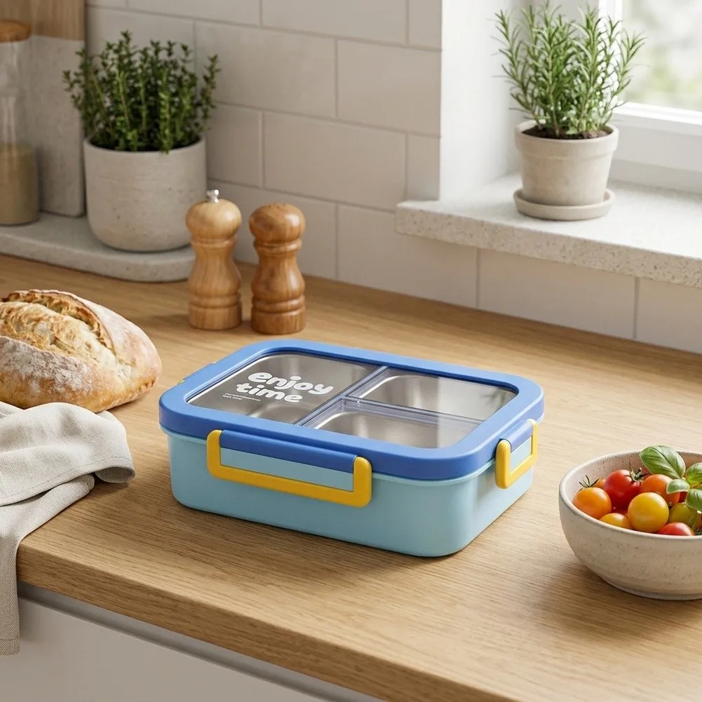 1pc Stainless Steel Lunch Box 3 Compartments Lunch Box With Fork And Spoon Dishwasher Safe Leakproof Seal For School Work