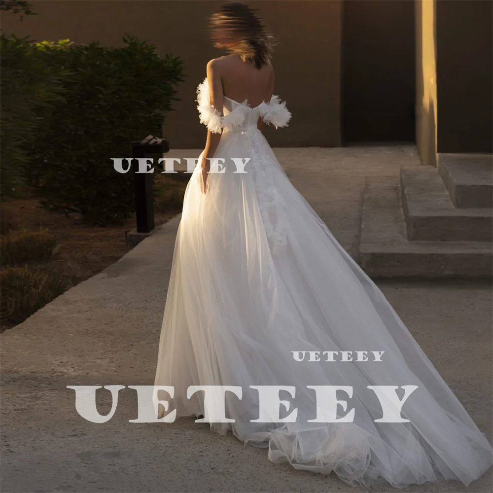 UETEEY Customized Flowers Pleats Fairy Off Shoulder Tulle Wedding Dress Boat Neck A Line Lace Up Back Court Train Bridal Gown