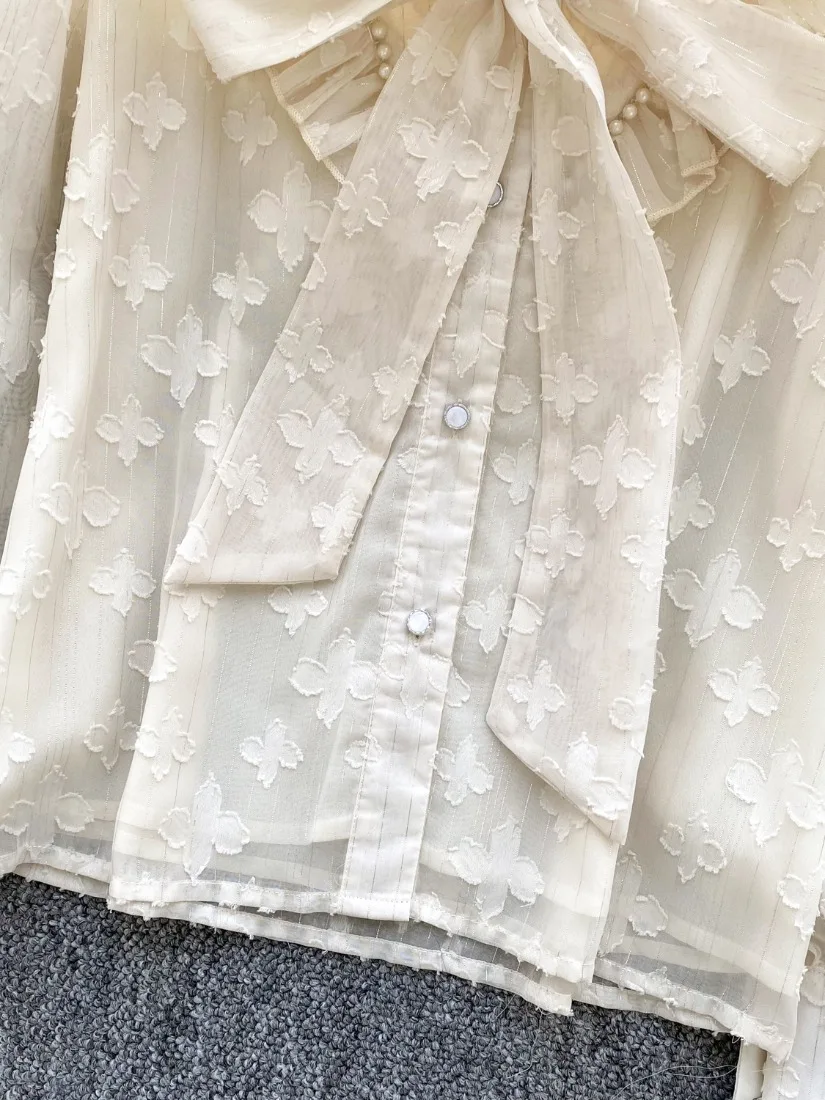 Foamlina French Romantic Chiffon Shirt for Women Elegant Bow-tied V Neck Long Sleeve Beading Buttons Ruffles Loose Blouse Tops