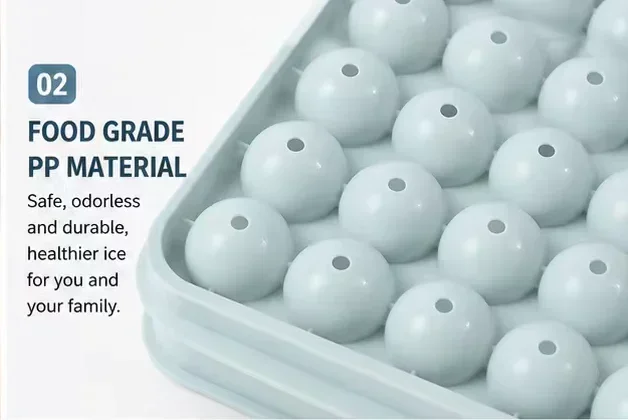 33 Grid Ice Cube Tray with Lid, Spherical Ice Mold for Freezer, Leak-Proof and Stackable