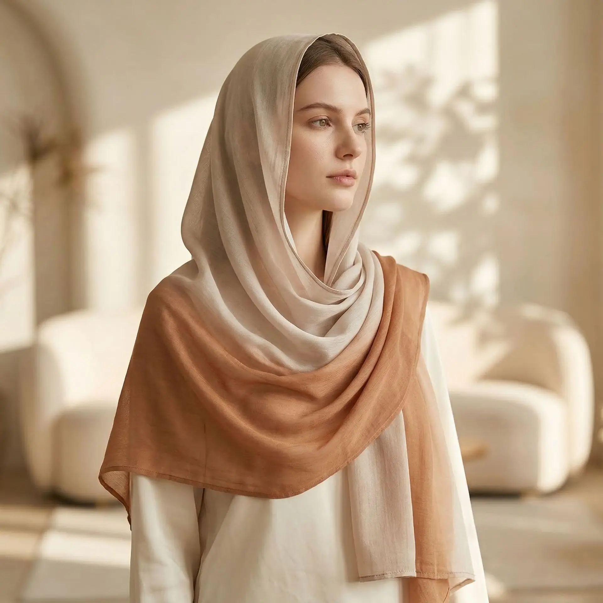 Cross Border Cotton Linen Two Tone Gradient Large Shawl Wrap Women Head Scarf Sun Protection Versatile Scarf