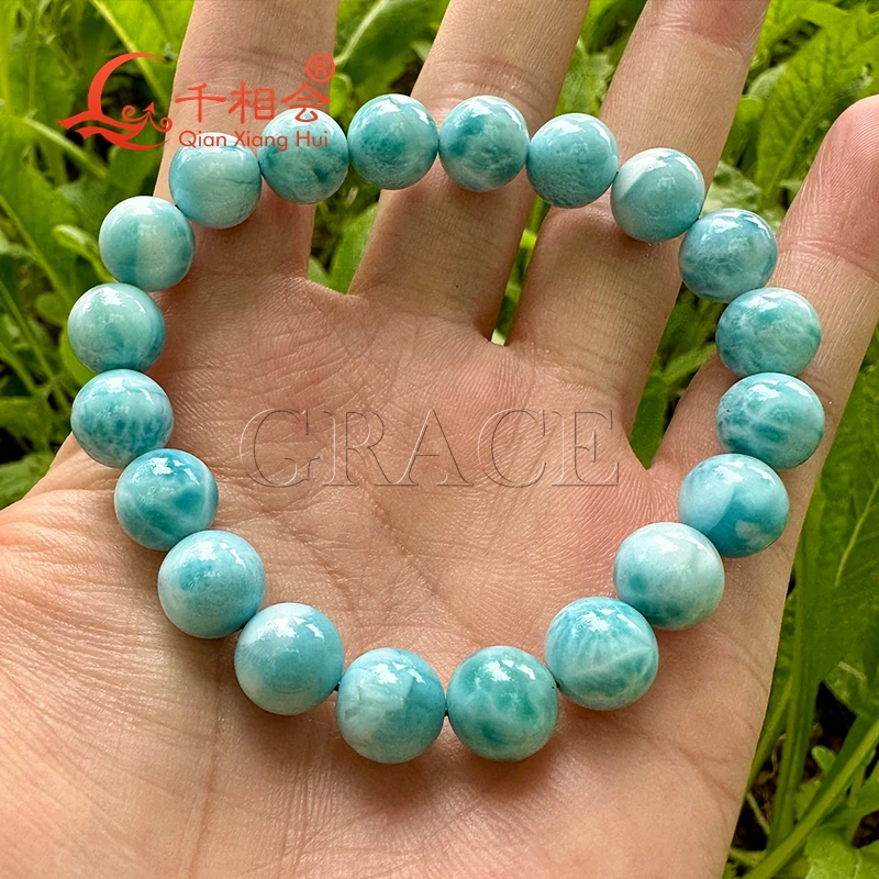 10mm ball shape white blue  color  Natural  Larimar  bracelet  Women Mens Gifts gemstone fine jewelry