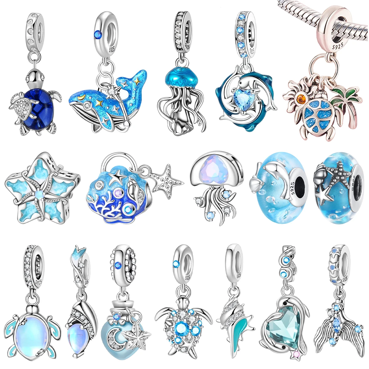 

Ocean Series 925 Sterling Silver Turtle Dolphin Jellyfish Coconut Tree Charm Beads Fit Original Necklace DIY Women Jewelry Gifts