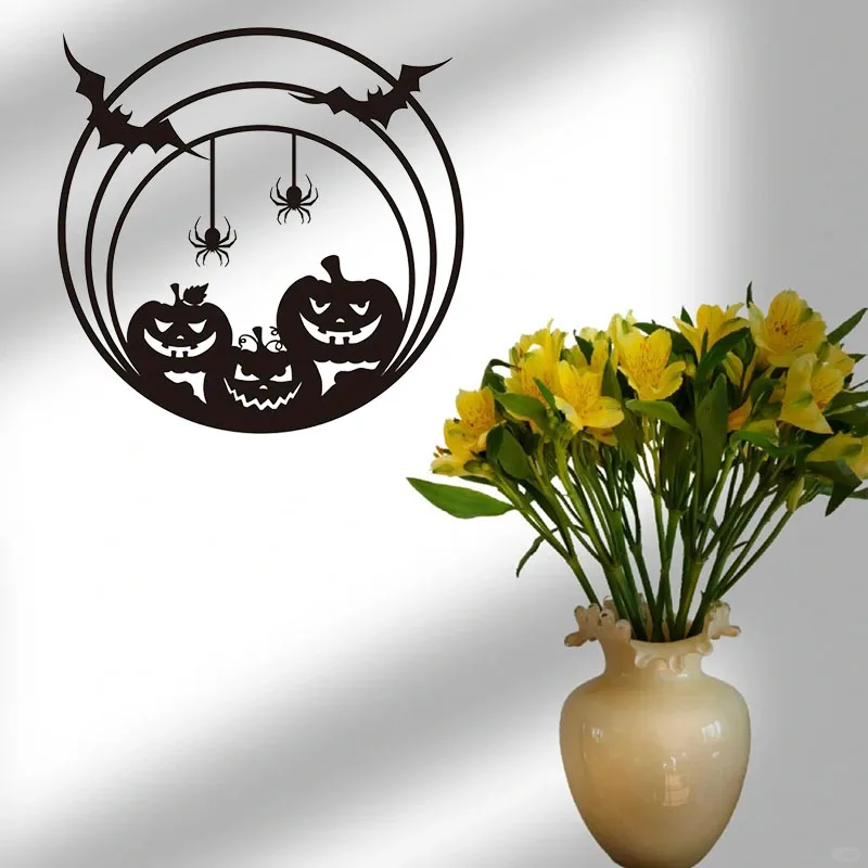 Halloween Pumpkin Metal Wall Decor:Mysterious Spider Web & Bat Door Sign. Bewitching Day of the Dead Wall Art for Home and Party