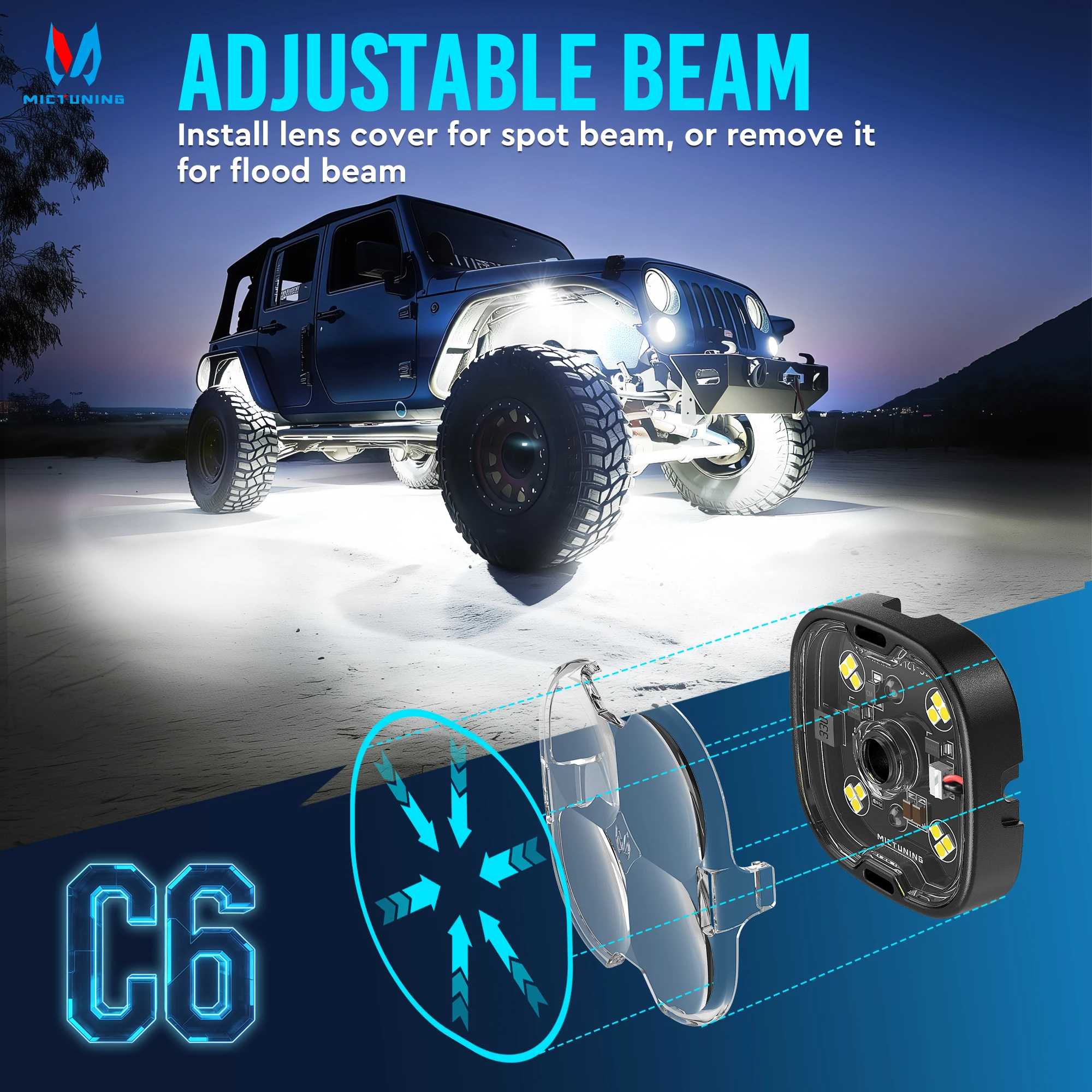 MICTUNING 4 Pod C6 Rock Lights,1000LM Multifunctional Off-Road LED Lighting Kit,Spot/Flood Beam Interchangeable Colorful Lens