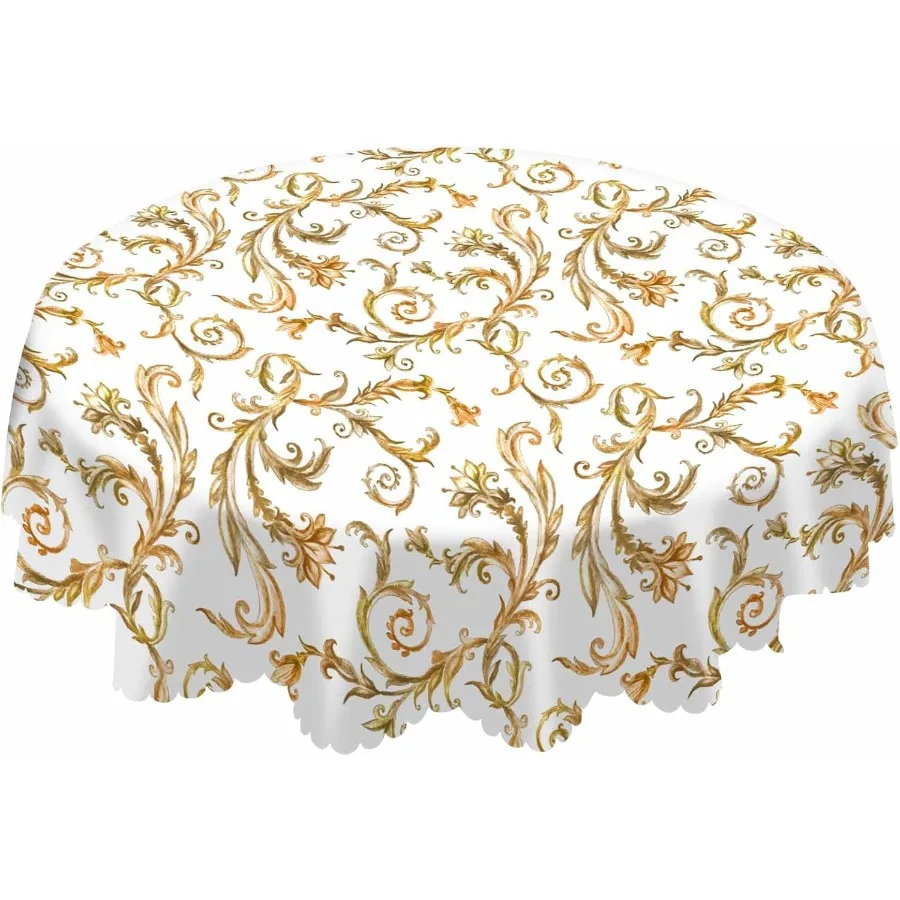 

Gold Vintage Lace Round Tablecloth 60 Ih Floral Brahes Leaves Medieval Royal Style Vivid Watercolor Table Cloth Polyester Table