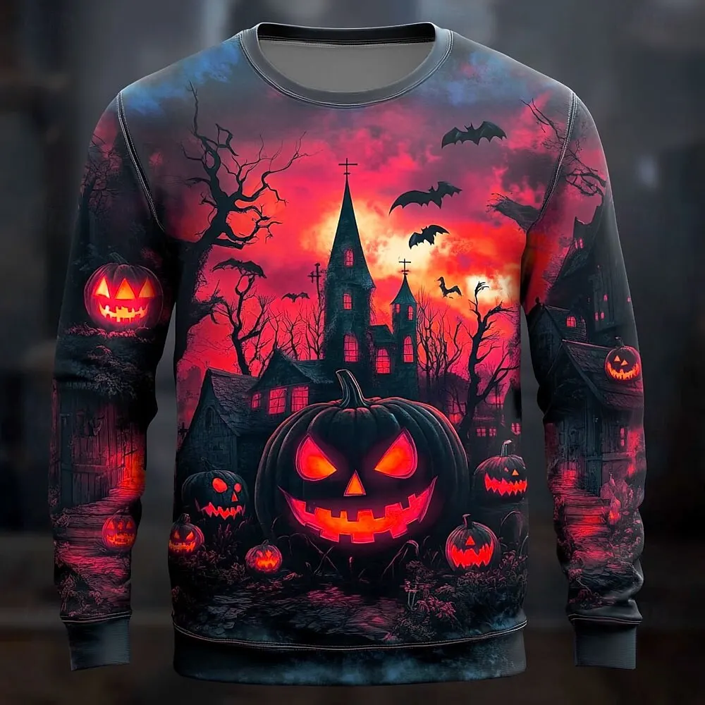 3D Halloween Theme Pumpkin Cemetery Men's Casual Hoodie Sweatshirt Fall Winter Round Neck Pullover Long Sleeve Trendy Streetwear