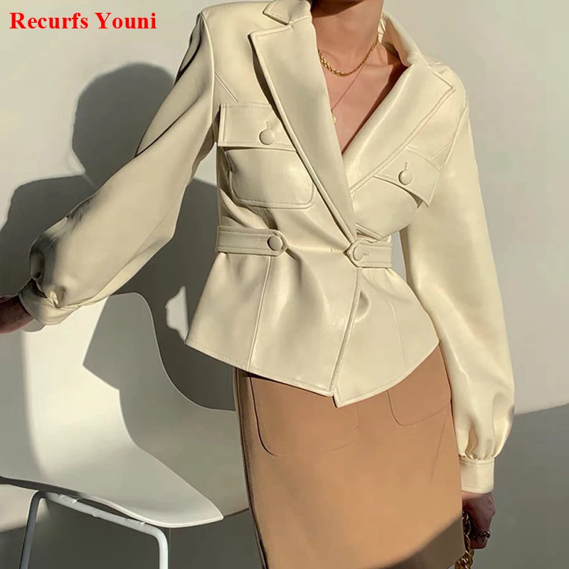 

Leather Jacket Women 2023 Spring Suit Collar One Button Slim Waist Design Pocket Short Coat Female Thin Chaqueta Cuero Mujer