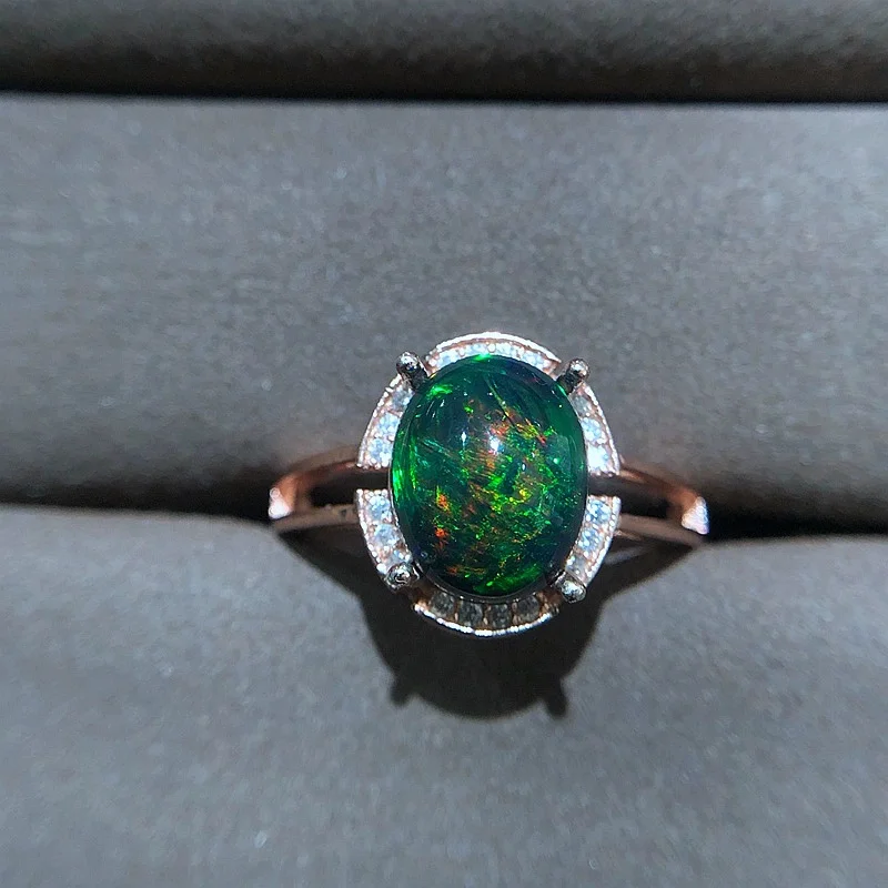 Dyed Black Natural Opal Ring 8mm*10mm Australia Opal Silver Ring 18K Gold Plating 925 Silver Gemstone Jewelry