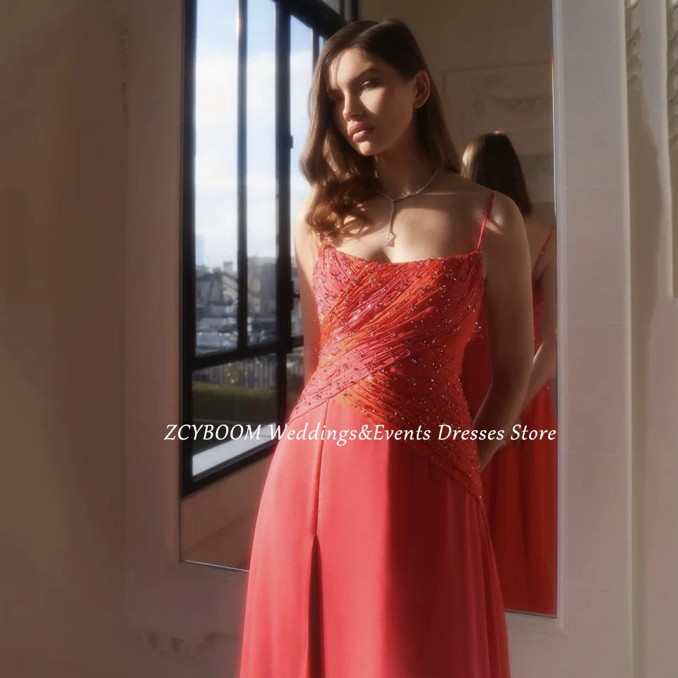 Charming Red Spaghetti Strap Sequin Beaded Sleeveless Evening Dress 2025 A-Line Floor Length Sweep Train Side Slit Prom Dress