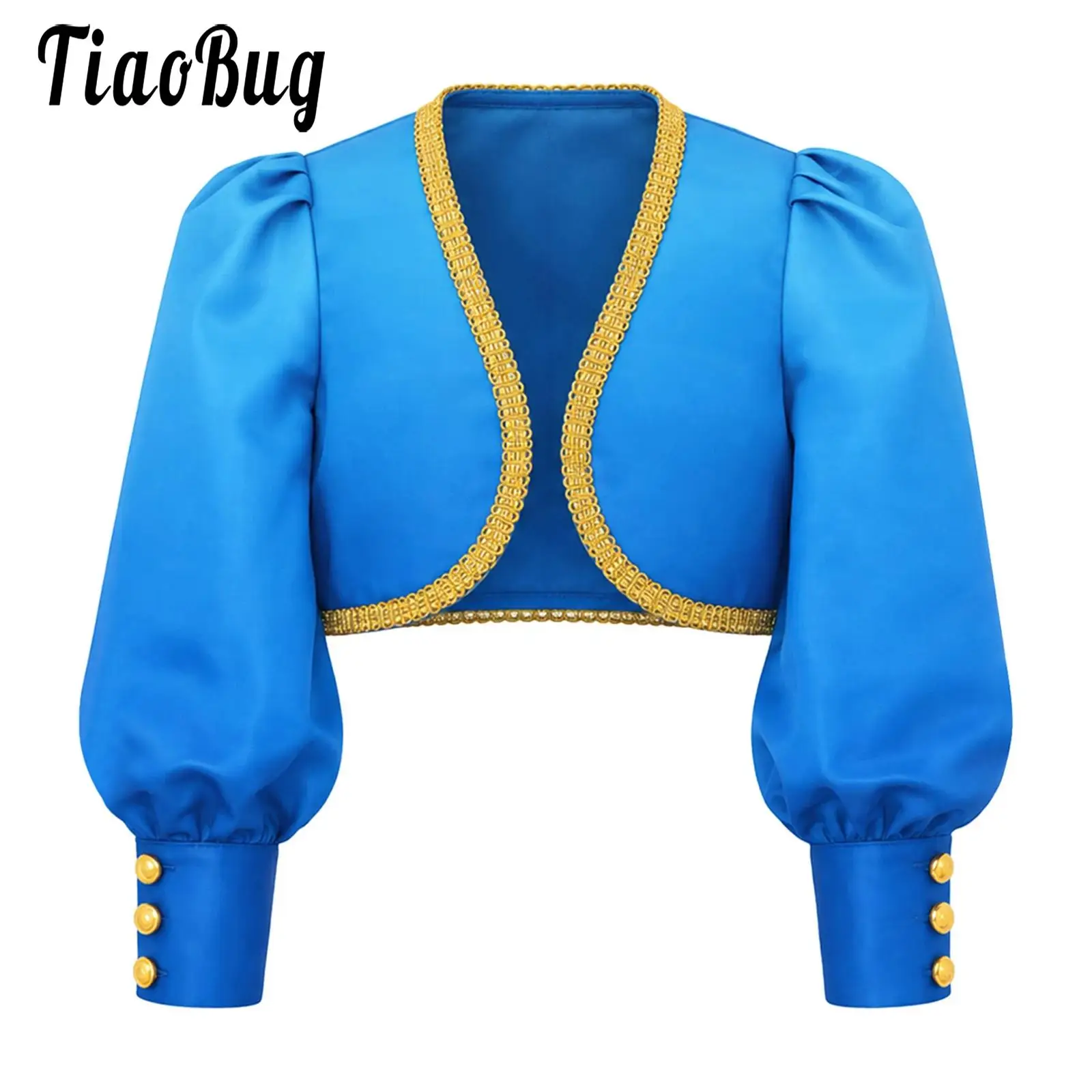 Kids Girls Gold Trim Jacket Puff Long Sleeves Open Front Outerwear for Halloween Role-playing Theme Party Stage Performance