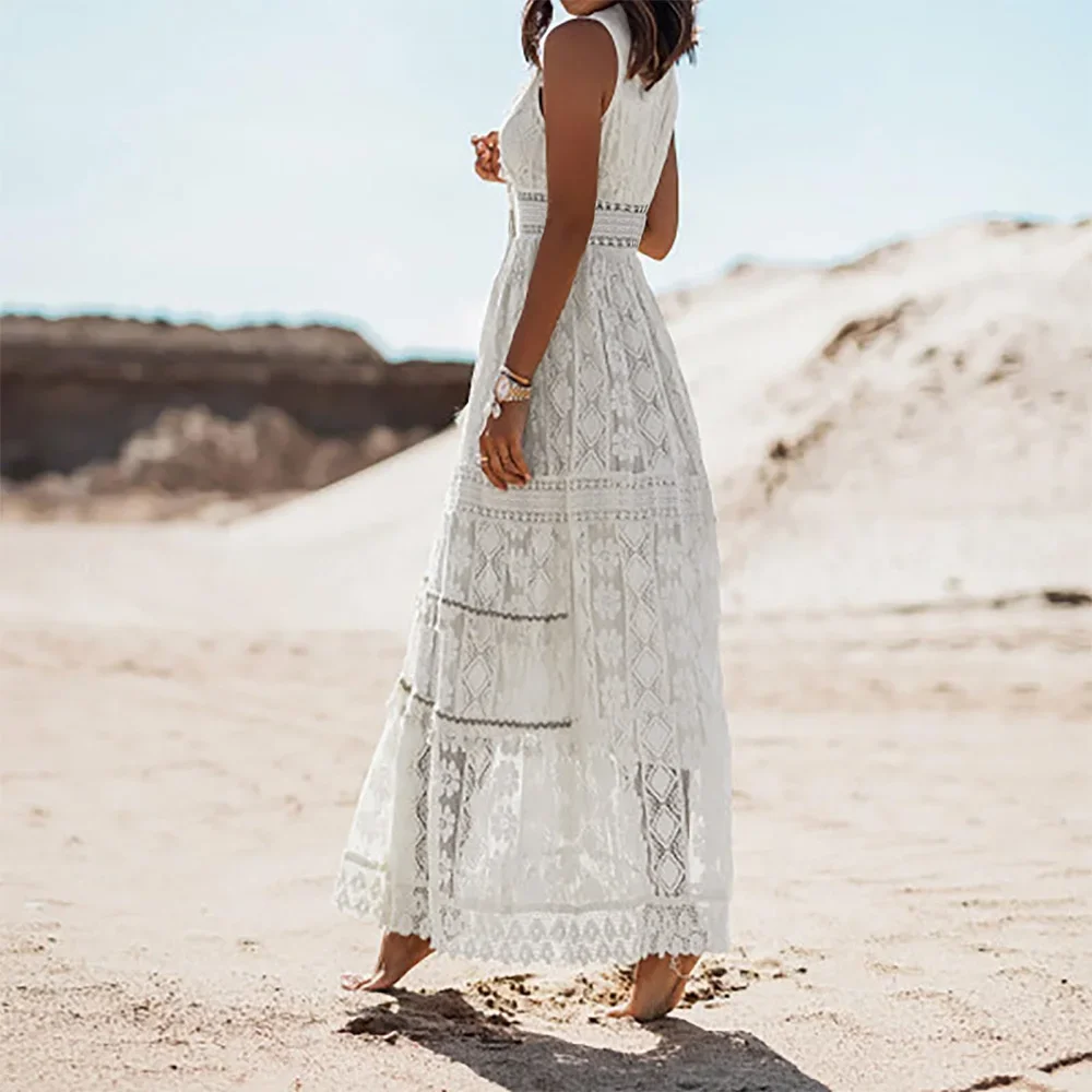 女性用 ボヘミアン レース V ネック フリンジ ノースリーブ タンク ベスト マキシ ロング ドレス 夏 レディース カジュアル ホリデー ビーチ 休暇 サンドレス S-XL