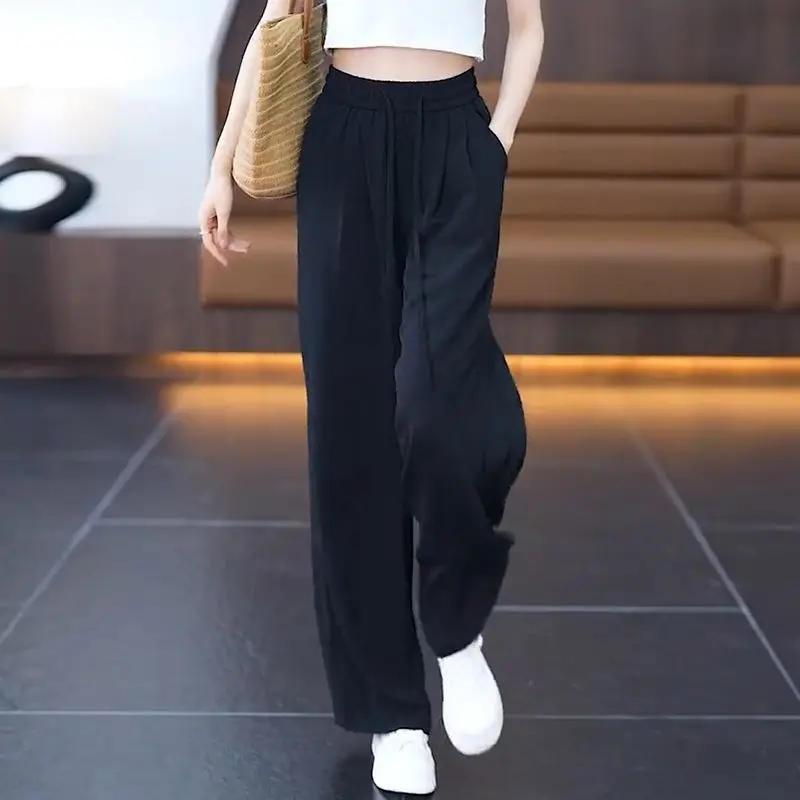 Women Summer Simplicity Elegant Loose Solid Color Ice Shreds High Waist Wide Leg Women Clothes Casual Appear Thin Trend Trousers