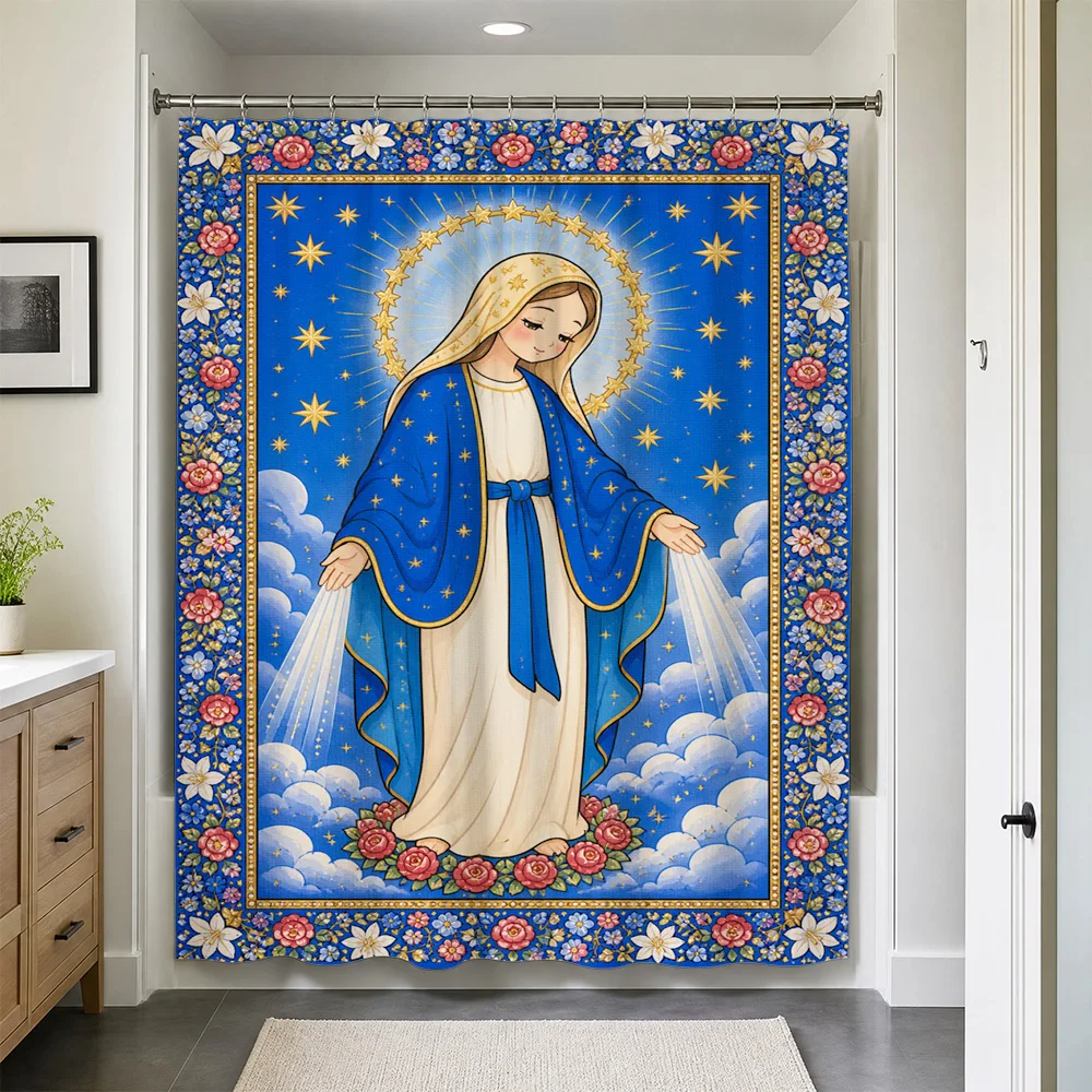 Luxurious Waterproof Shower Curtain Blue Divine Celestial Religious Art Christian Style Mural Bathroom Decor Heavenly Protection