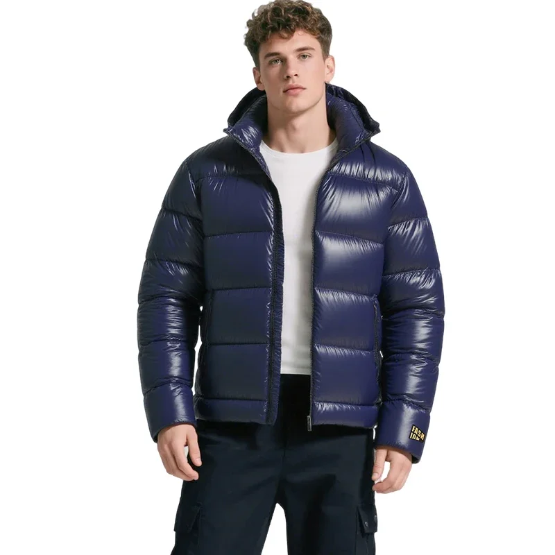 

Mens Winter Shiny Parkas Warm Jacket with Hood Casual Quilted Puffer Jackets New Glossy Parkas Black Short Cotton Jacket