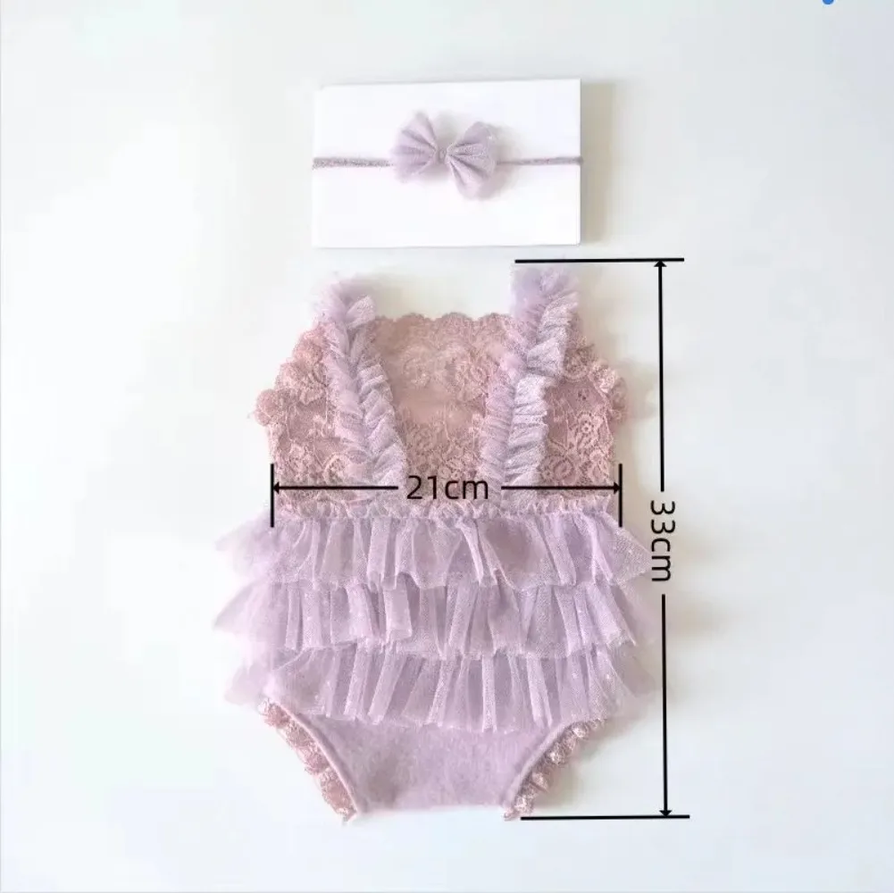 2pcs/set Newborn Photography Outfit Cute Princess Style Lace Bow Headband+Jumpsuits Pants Baby Girl Photo Shooting Clothing