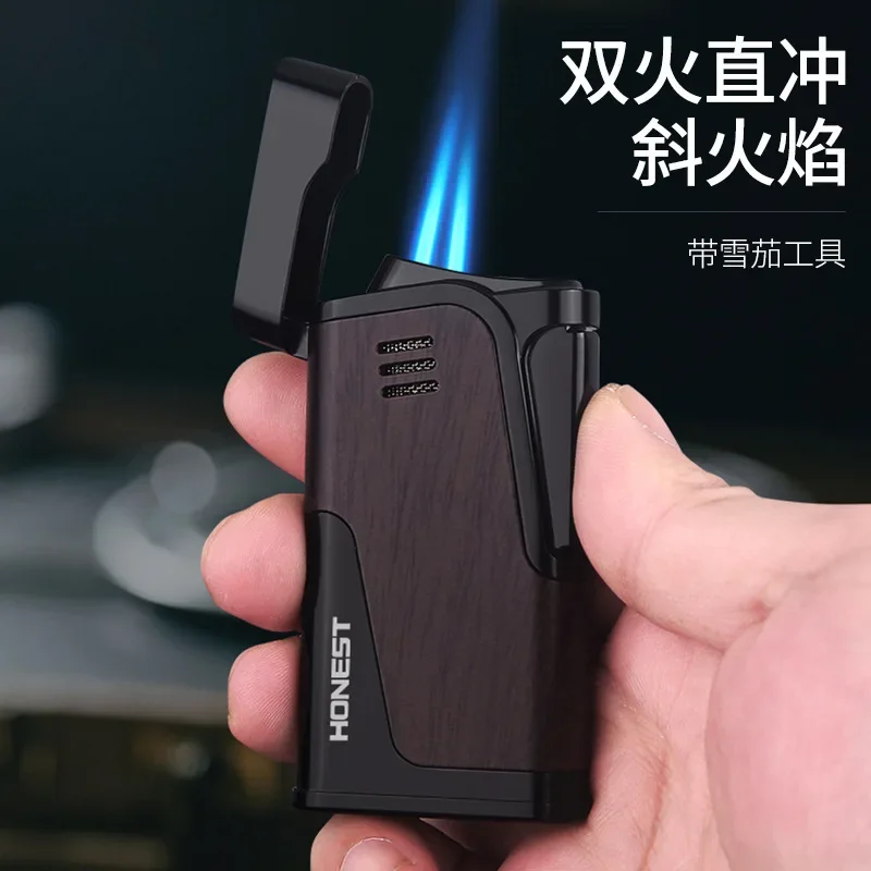 

New Honest Transparent Gas Window Double Fire Direct Lighter Cigar Windproof Gas Lighter Men's High-grade Gifts