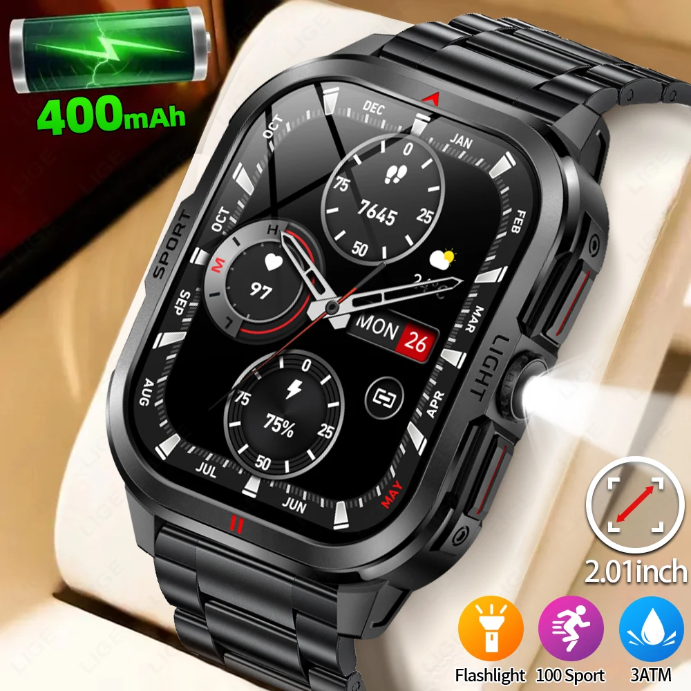 

LIGE новые военные умные часы для мужчин, 2,01 дюйма, HD-экран, спортивные часы на открытом воздухе, светодиодный фонарик, монитор здоровья, Bluetooth-смарт-часы с вызовом