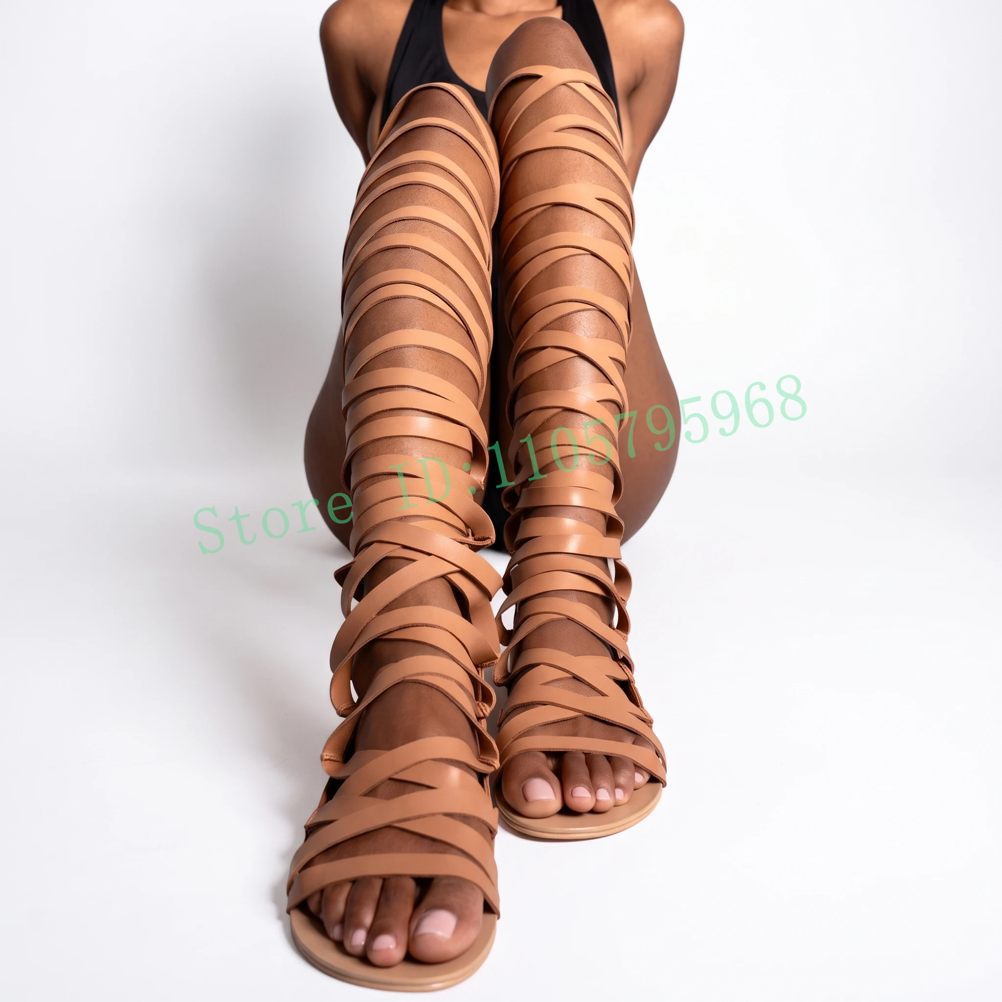 Women's Knee High Gladiator Sandals Strappy Open Toe Flat Sandals for Summer Beach Party