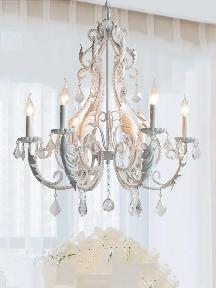 

French Luxury Crystal Chandelier White Iron Pendant Light for Dining Room Living Room Bedroom Kids Room Decor