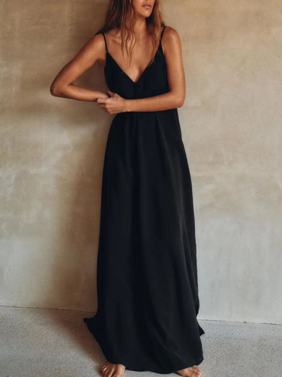 Faionable losse V-Ne lange Dr dames zomer nieuwe collectie jurk Ele gedrapeerde strapl a-lijn jurk voor woon-werkverkeer