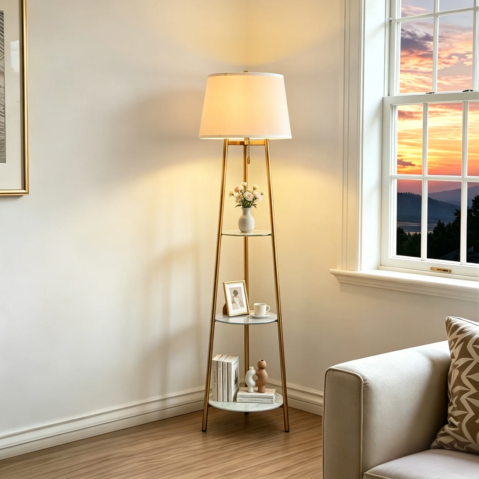Modern Corner Display Column Bookshelf Lamp, Upgraded Version of Dimmable High Vertical Floor Lamp with Linen Lampshade, LED Bulb, Suitable for Living Room and Reading Room, Bedroom, Office and Nursery, White Marble and Golden Pillars
