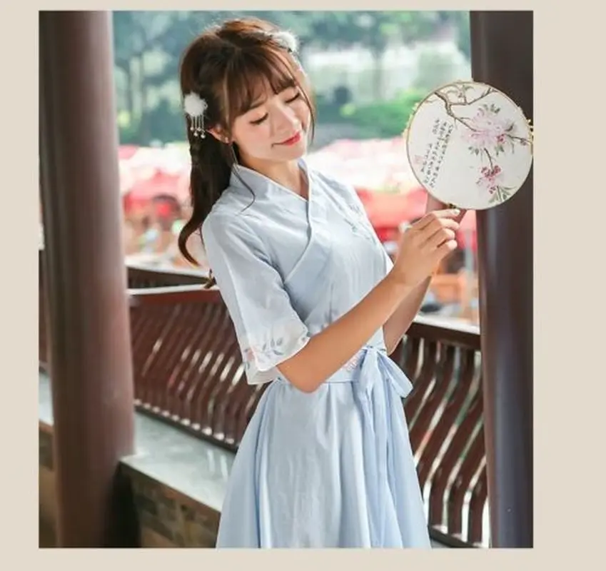 

Traditional Chinese Hanfu Girls Spring Elegant Retro Blue Han Dynasty Improve Embroidered Short Sleeve Top Loose Skirts Full Set