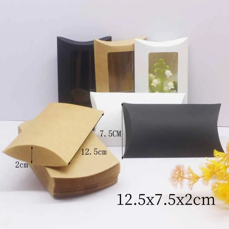 DIY blank paper gift box .Mutli size pillow gift box with clear pvc window,kraft/white/black paper window box for gift 10pcs