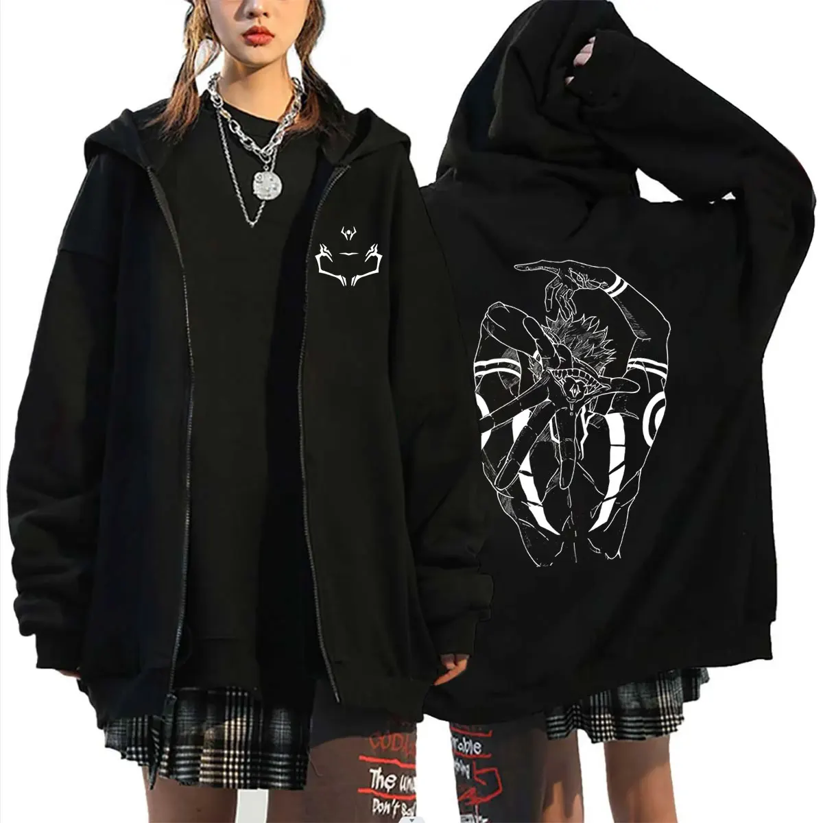 Anime Jujutsu Kaisen Itadori Yuji Ryomen Sukuna Reißverschluss-Hoodie für Männer und Frauen Lässige Übergroße Zip-Up-Jacke Manga Harajuku Mantel – Detail 2