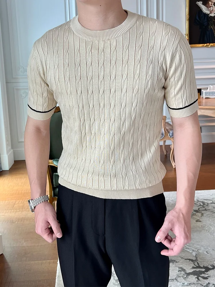 

High-End Floral Patterned Beige round Ne ort Sve Knitted Sweater Men's Trendy Base irt Spring Thin Knitted Top