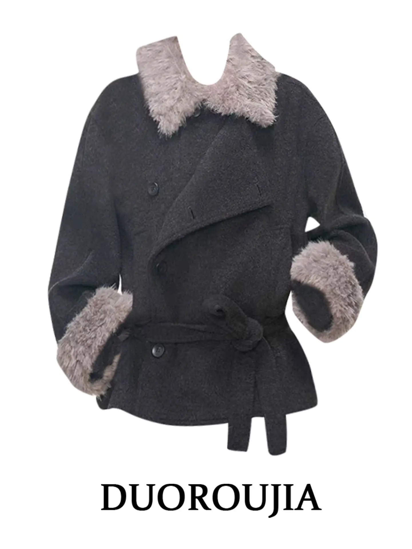 

DUOR Retro Large Size Thickened Woolen Coat Women's Autumn Winter Loose Outerwear with Fur Collar Commuter Style High Waist L...