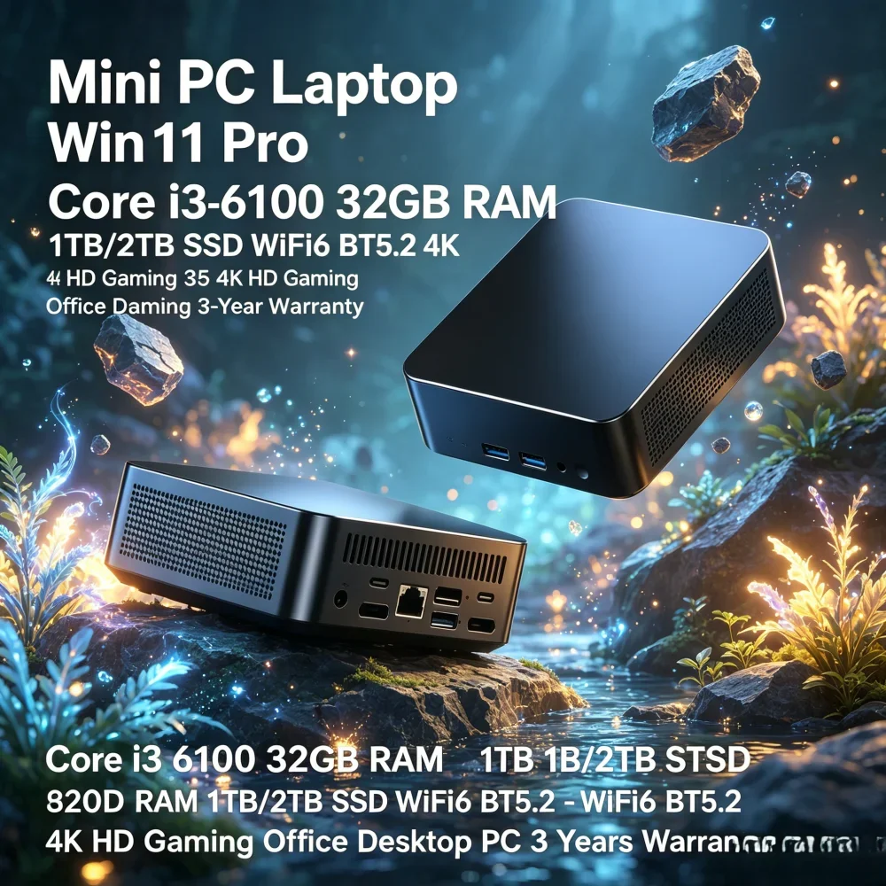Mini PC Laptop Win11 Pro Core i3-6100 32GB RAM 1TB/2TB SSD WiFi6 BT5.2 4K HD Office Gaming 3-Year Warranty