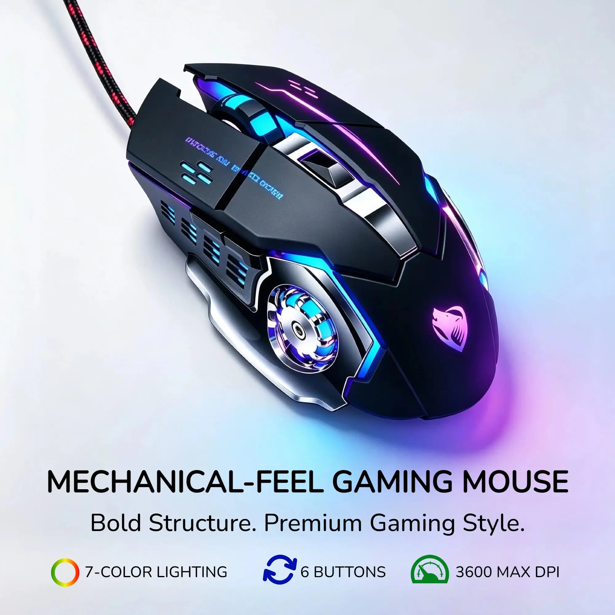 V6 Wired Gaming Mouse 30 Million Clicks 3600DPI 6 Button RGB Breathing Light Ergonomic Mechanical Style Braided Cable Desktop