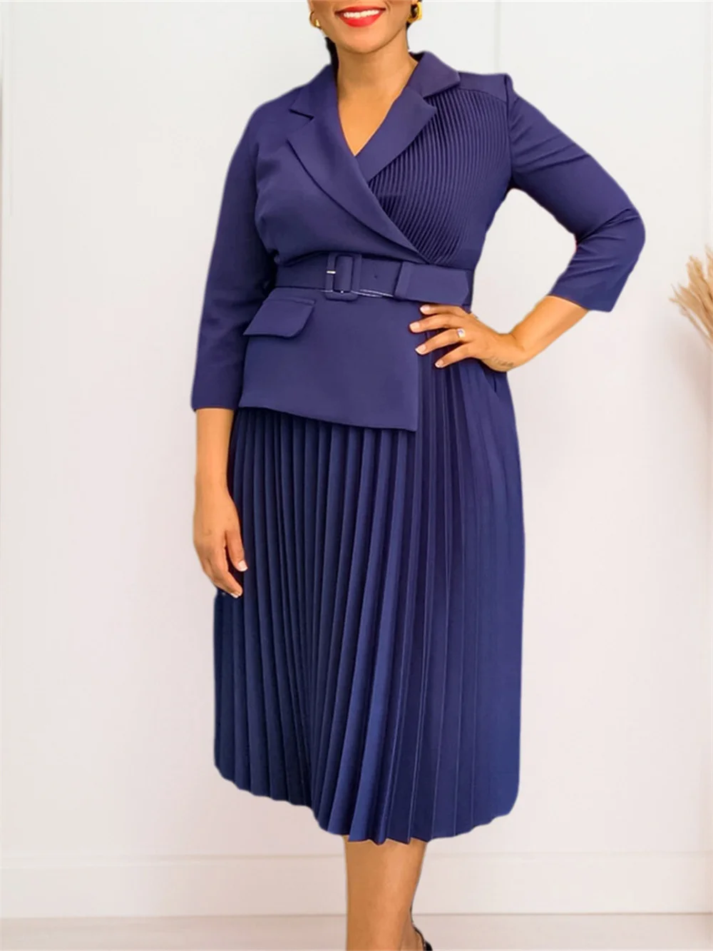 Elegant Office Ladies Pleated Dresses 2025 Summer Autumn Clothing V-neck Maxi Robe Party Evening Prom Gown Fashion Women Dress