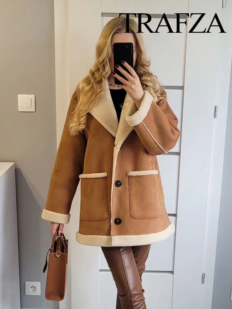 TRAFZA Women Casual Warm Coats Solid Color Turn-Down Collar Long Sleeves Pockets Single Breasted Woman Vintage Winter Coats