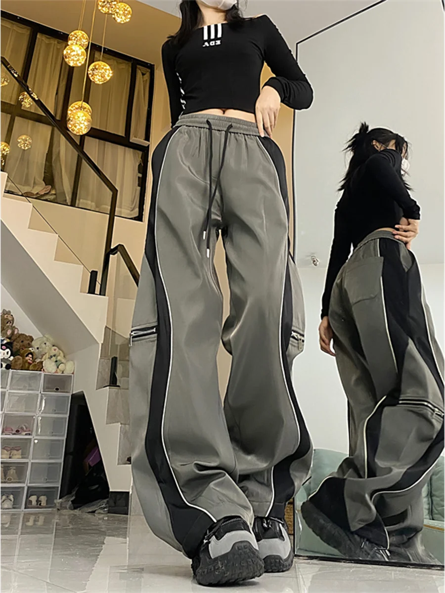 Y2K Line Design Pant Women Drawstring Pockets Wide Leg Chic Punk Pants Baggy Striped Sports Sweatpants Parachute Jogger Trousers