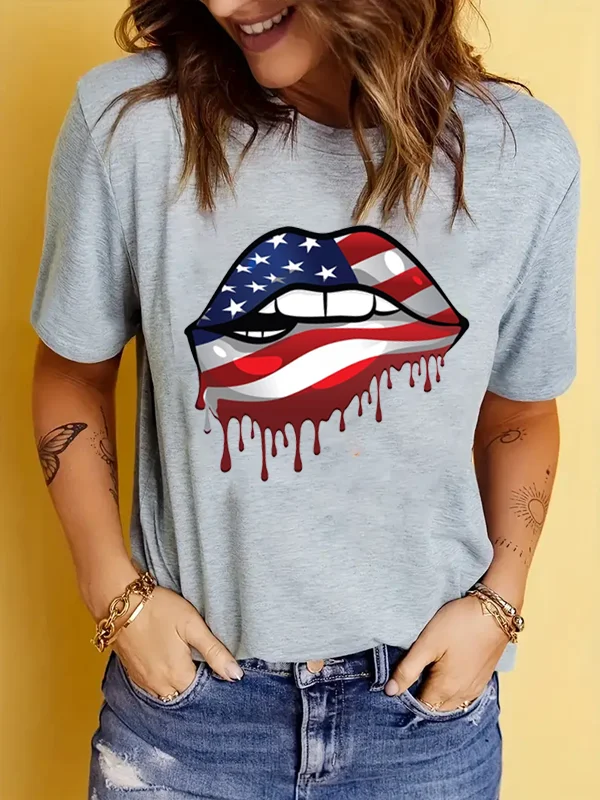 New Hot Sale Fashion Independence Day Comfort  Women Shirt with The Lips of The American Flag Print Female Casual T-shirt